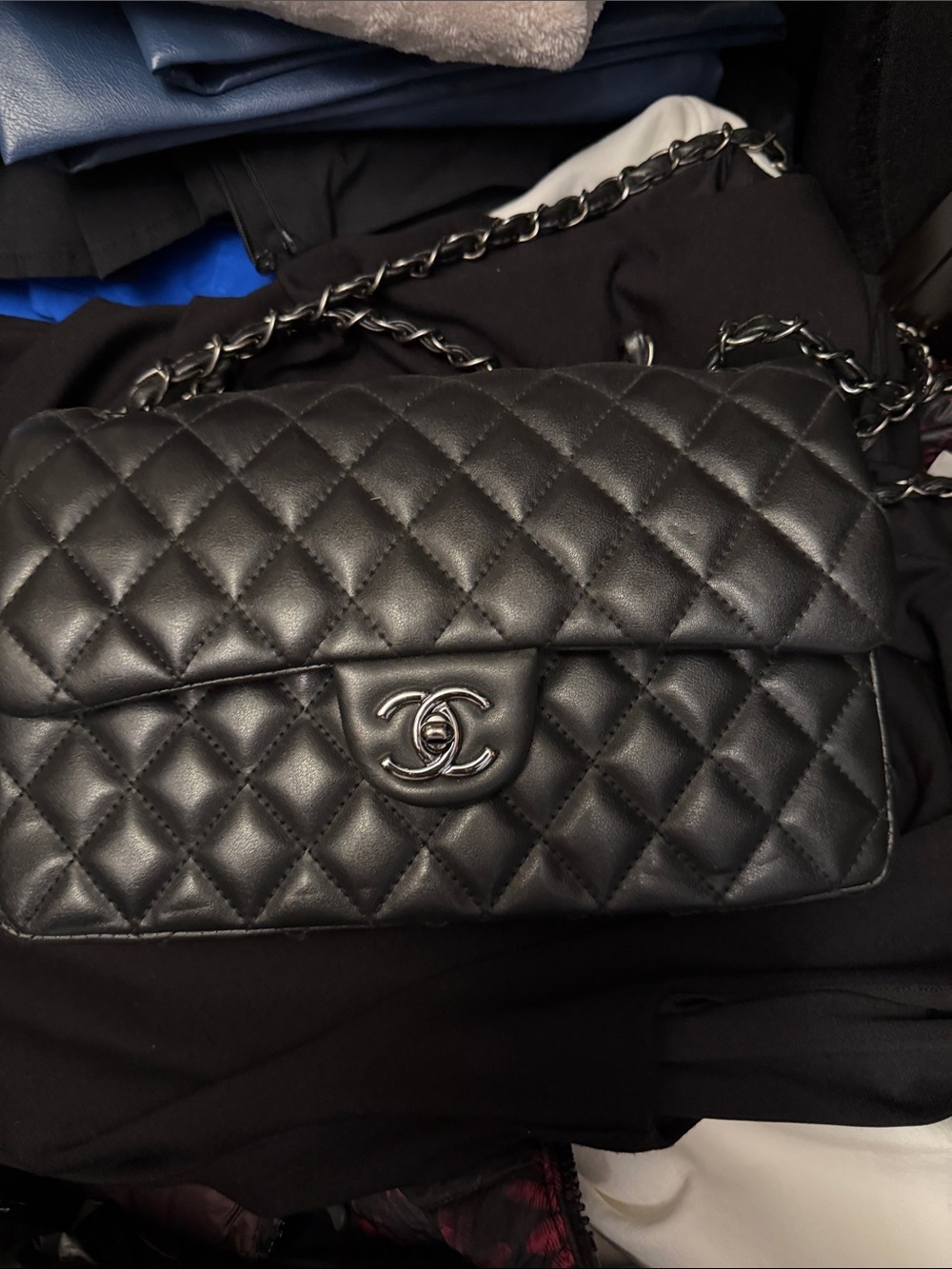 Inspired Black Quilted Lambskin Shoulder Bag with Silver-Tone CC